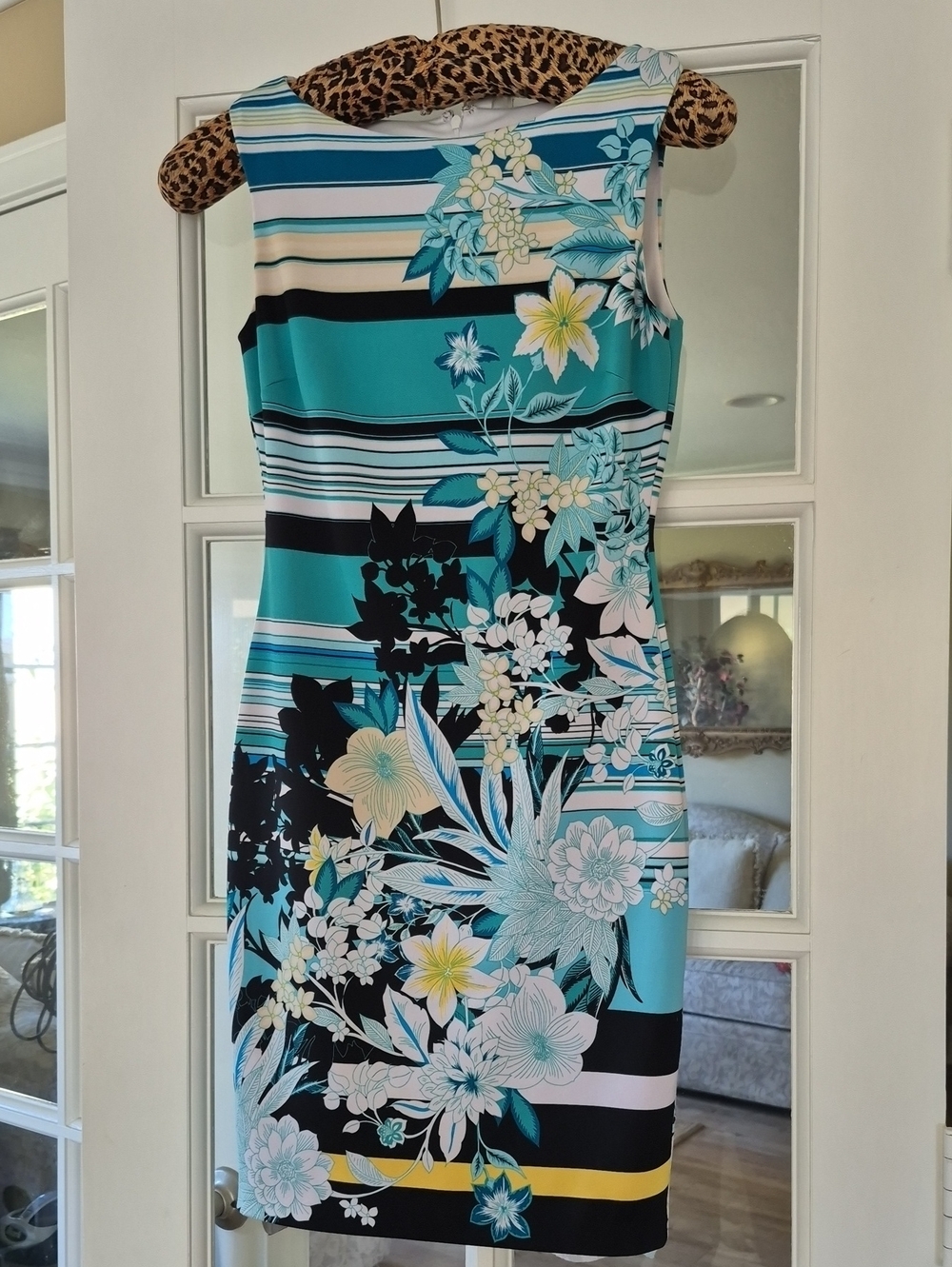 Cache Teal Floral Striped Midi Dress